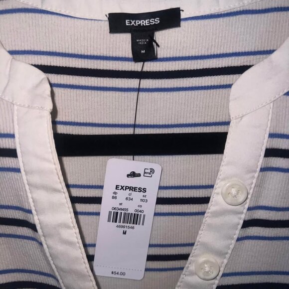 NWT Express off white blue stripe puff 3/4 sleeve henley shirt top woman's M - Picture 5 of 7